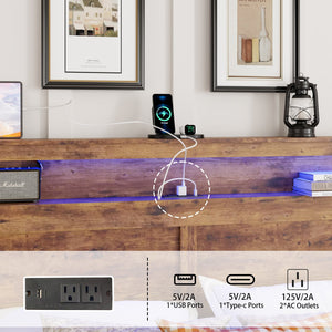English Elm Bed Frame Queen Size - Modern Wood Platform Bed With Led Headboard, Usb Ports, And Storage Space W636P233483