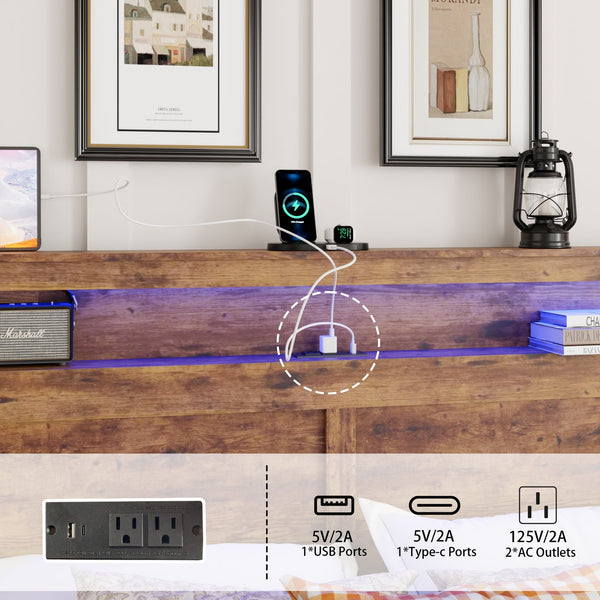 English Elm Bed Frame Queen Size - Modern Wood Platform Bed With Led Headboard, Usb Ports, And Storage Space W636P233483