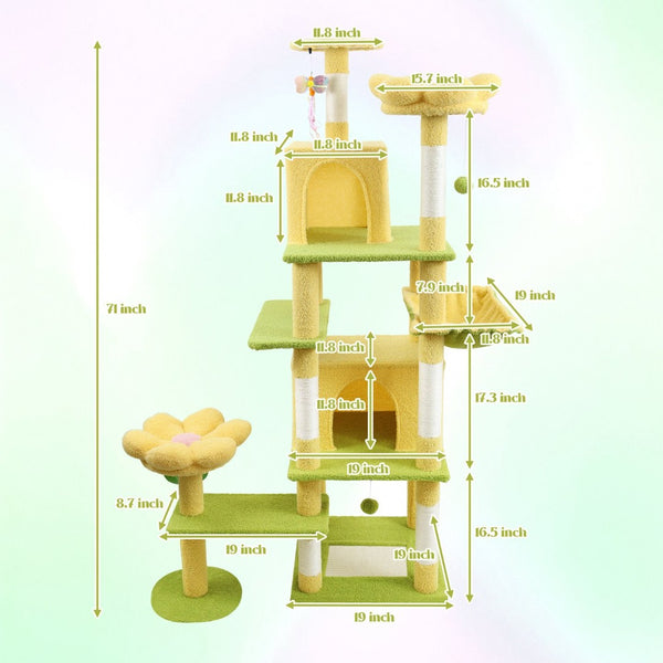 English Elm 71 Inch Floral Cat Tower with Condo Hammock Sisal Posts and Plush Perches for Large Breeds Yellow W243P326629