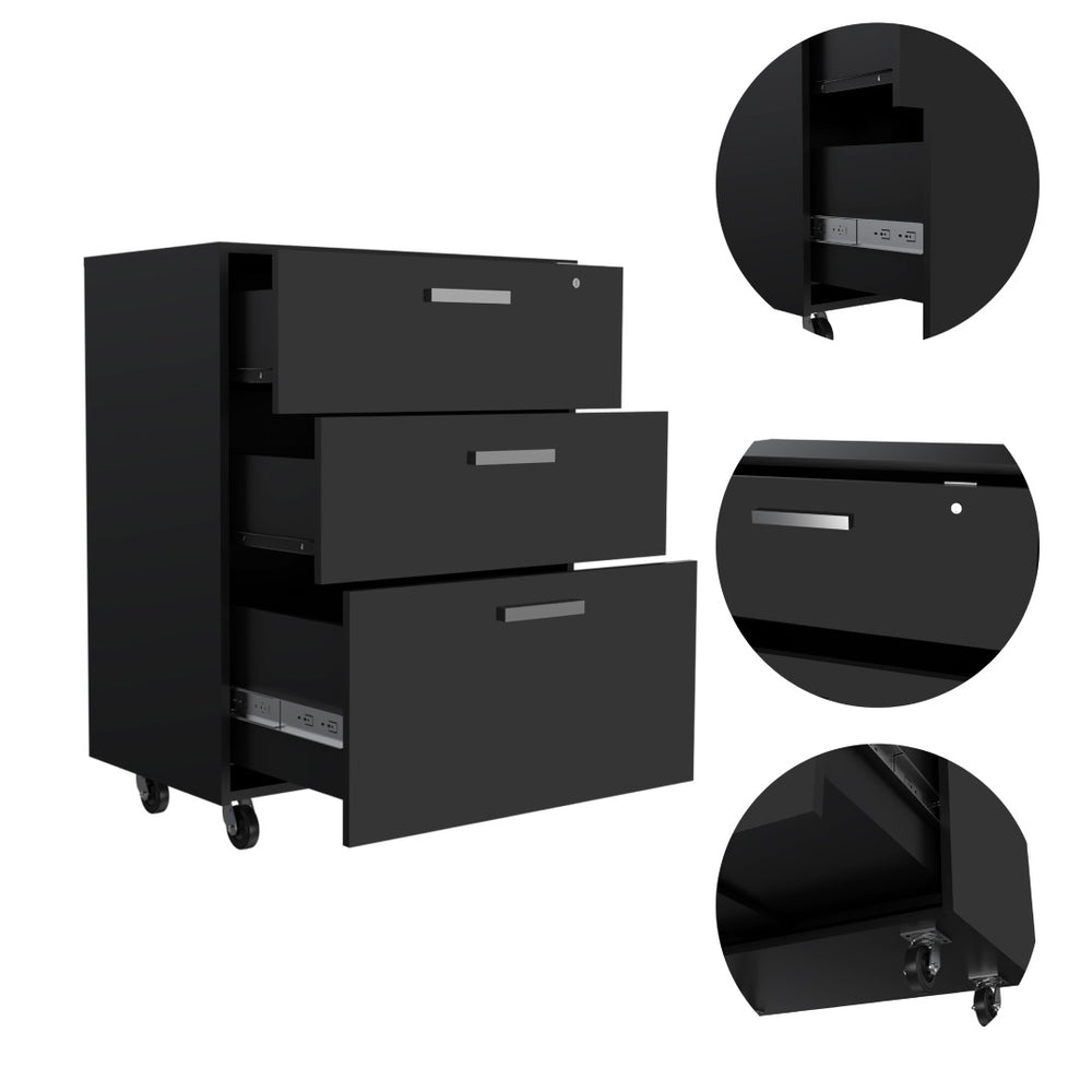 English Elm Multisstorage Rolling Cabinet Three Drawers Locking Matte Black Home Office Organizer B097132954
