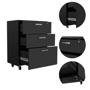 English Elm Multisstorage Rolling Cabinet Three Drawers Locking Matte Black Home Office Organizer B097132954