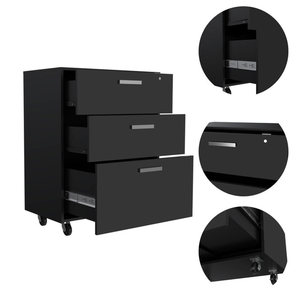 English Elm Multisstorage Rolling Cabinet Three Drawers Locking Matte Black Home Office Organizer B097132954