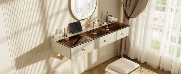 English Elm GO 47" Floating Shelf with Drawer — Sleek Wall-Mounted Vanity Table Desk, MDF+Iron+Glass, 100LB Capacity N704P328589K