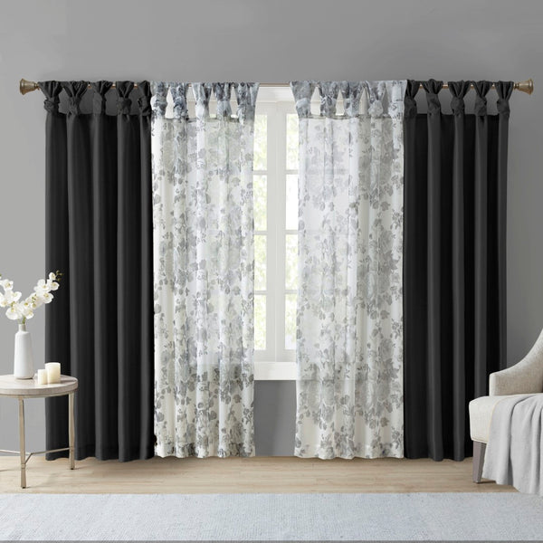 English Elm Twist Tab Lined Window Curtain Panel In Elegant Black - 50X120” Faux Silk For Light Control & Privacy B035P148399-GIGA