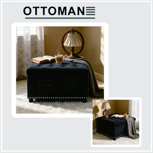 English Elm Storage Ottoman Tufted Nailhead Trim Lift Top Footstool for Living Room or Bedroom Black W5568P447086