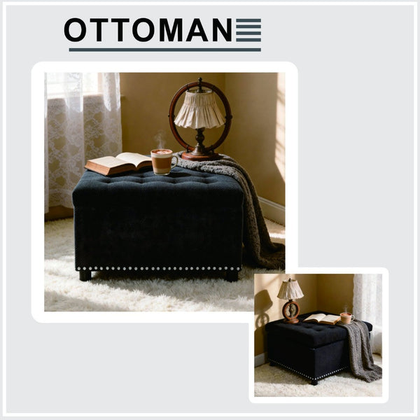 English Elm Storage Ottoman Tufted Nailhead Trim Lift Top Footstool for Living Room or Bedroom Black W5568P447086