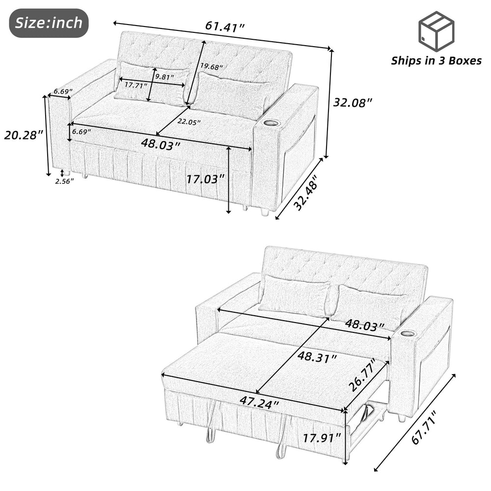English Elm 61.4" Pull-out Sofa Bed Loveseat with Adjustable 3-Position Backrest, USB Ports, Cup Holders, Storage Rack Beige N719S001900A