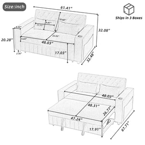 English Elm 61.4" Pull-out Sofa Bed Loveseat with Adjustable 3-Position Backrest, USB Ports, Cup Holders, Storage Rack Blue N719S001900C