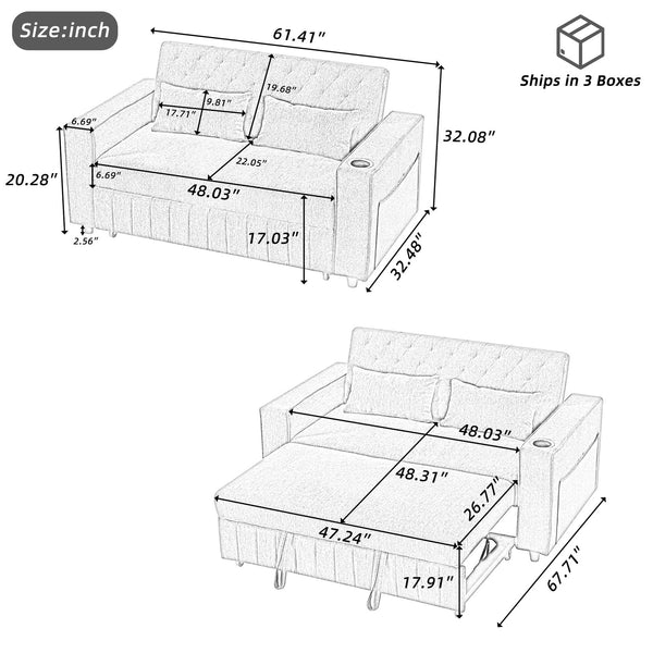 English Elm 61.4" Pull-out Sofa Bed Loveseat with Adjustable 3-Position Backrest, USB Ports, Cup Holders, Storage Rack Blue N719S001900C