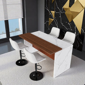 English Elm 63" Modern Kitchen Island Set With 4 Beige Bar Stools, Led Lighting & Walnut Accents For Style W2699S00076
