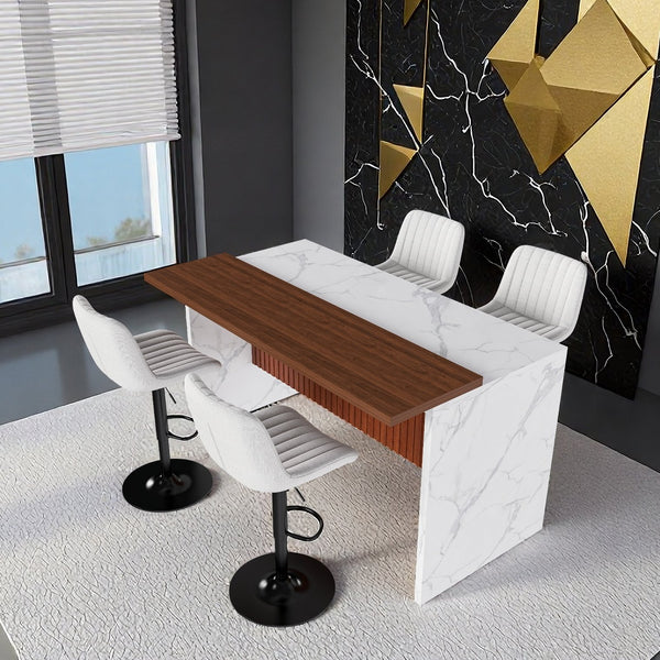 English Elm 63" Modern Kitchen Island Set With 4 Beige Bar Stools, Led Lighting & Walnut Accents For Style W2699S00076