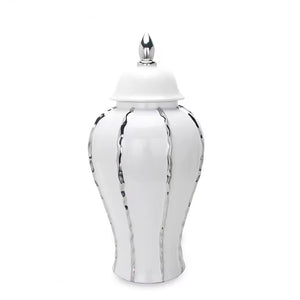 English Elm White Ginger Jar With Luxe Silver Accent - Elegant Ceramic Décor For Modern Home Styling & Centerpieces B030P243612-GIGA