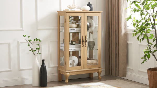 English Elm 2 Doors Curio Cabinet With Lighted Display & Mirrored Back, Adjustable Shelves - Oak Elegance For Home W2275P178895