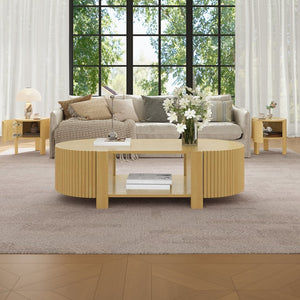 English Elm Oval Fluted Rubberwood Coffee Table with Open Storage Shelf for Living Room Natural N735P369880N