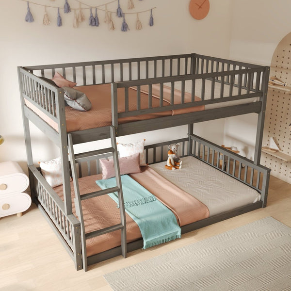 English Elm Full Xl Over Queen Bunk Bed Pine Frame with Guardrails Ladder and Slat Support Gray GX000450AAE