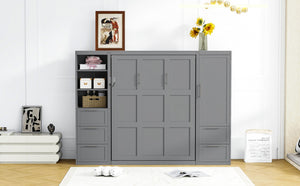 English Elm Queen Murphy Wall Bed with Wardrobe Drawers and Shelves for Studio or Guest Room Gray LP000865AAE-2