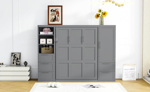 English Elm Queen Murphy Wall Bed with Wardrobe Drawers and Shelves for Studio or Guest Room Gray LP000865AAE-2