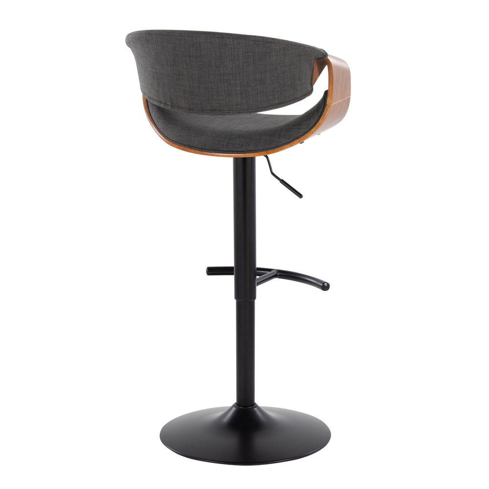 English Elm Curvo Mid-Century Adjustable Swivel Barstool with Walnut Accent, Black Metal Base and Fabric Seat Charcoal B202S00800