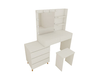 English Elm LED Lighted Makeup Vanity Table with Mirror, Ancient White Melamine, Stool, Drawers & Organizer Elegance W2139P306365