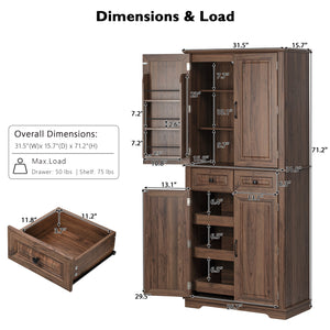 English Elm K&K 71" Tall Farmhouse Pantry Cabinet with Groove Edges, 3 Pull-Out Organizers, 6 Door Shelves Brown N707P256507Z