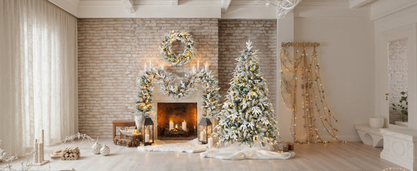English Elm Christmas Snow Flocked Wreath Set with 9ft Garland & 6ft Tree, Warm LED Lights, 3-Piece Indoor Decor (100) PX283313AAW