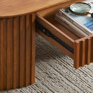 English Elm 51.18'' Oval Mdf Coffee Table with Hidden Drawer Mid-century Pedestal Base Brown W876P370284