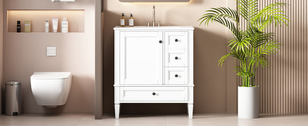 English Elm 30 30 Inch Bathroom Vanity with Ceramic Sink, Modern Compact 3-Drawer Storage Cabinet for Small Baths White N710P247499K