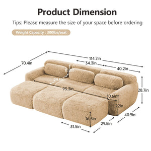 English Elm 3-seater Curved Modular Sectional Plush Upholstered Sofa with Linkable Ottoman for Living Rooms Light Khaki W714S01570