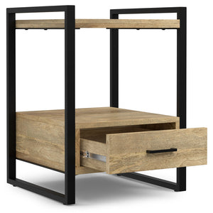 English Elm Riverside Handcrafted Mango Wood Bedside Table with Black Metal Frame, Drawer & Open Storage — Natural Finish B136P203433