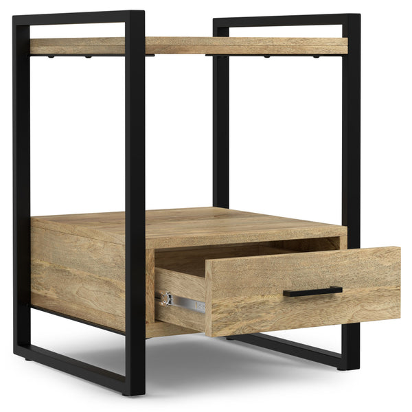 English Elm Riverside Handcrafted Mango Wood Bedside Table with Black Metal Frame, Drawer & Open Storage — Natural Finish B136P203433