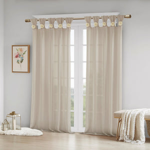 English Elm Floral Tab Top Curtain Panel - Semi-Sheer Faux Linen With Removable Floral Pins For Custom Style B03598264