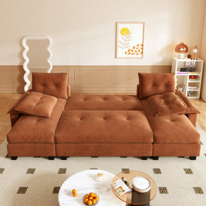 English Elm 104.7" U-Shaped Sleeper Sofa with Pull-Out Bed, Convertible Modular Sectional with Chaise, USB Ports, Chenille Upholstery Orange W1885S00213