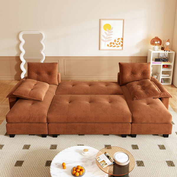 English Elm 104.7" U-Shaped Sleeper Sofa with Pull-Out Bed, Convertible Modular Sectional with Chaise, USB Ports, Chenille Upholstery Orange W1885S00213