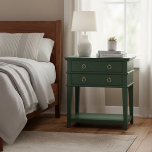English Elm Carmona Midnight Blue Tray Top Nightstand with Two Drawers, Open Shelf, Brushed Gold Ring Pulls Antique Green B050P376936