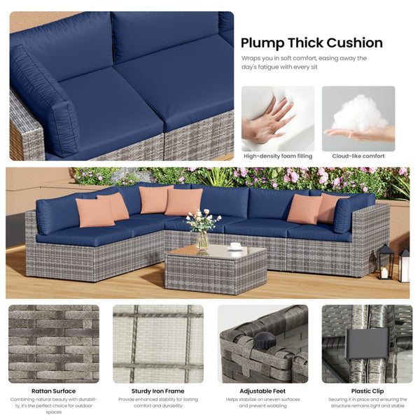 English Elm 7-piece Outdoor Modular Sectional Pe Wicker Patio Set with Tempered Glass Coffee Table Gray+Navy B082S00073