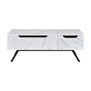 English Elm Throm White Faux Marble Grain Finish Coffee Table with Lift Top, Hidden Storage, Metal Legs, Modern Design B2726P256336