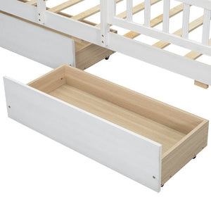 English Elm Wood Twin Size Platform Bed with Built-in LED Light, Multifunctional Headboard, Guardrail & Storage Drawers White N709P243969K