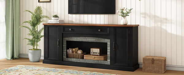 English Elm Elegant Walnut Media Console with Gray Brick Base Open Bay and Adjustable Shelving Black N721P394506B