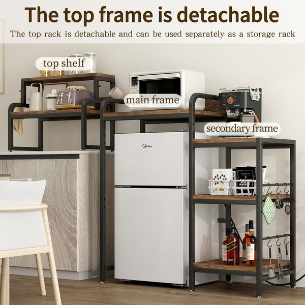 English Elm Multifunctional 7-Tier Mini Fridge & Microwave Stand, Walnut Brown with 2 AC/2 USB Outlets, Heavy-Duty Storage Rack for Kitchen, Dorm, Living Room W2641P383931