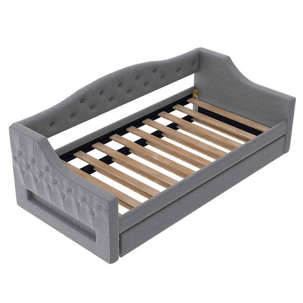 English Elm Upholstered Twin XL Daybed with Built-In LED Belt and Trundle, Linen Backrest, Modern Guest Bed Gray DL002050AAE