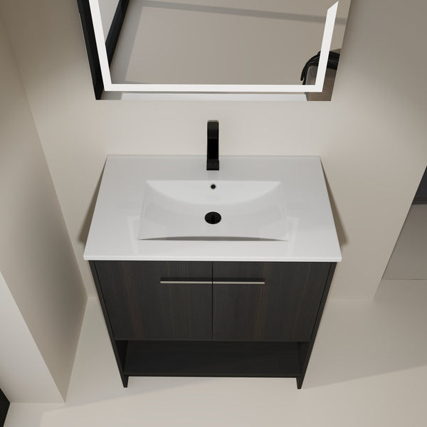 English Elm 30" Freestanding Bathroom Vanity With Soft Closing Doors & Integrated Ceramic Sink For Modern Spaces W1972S00018