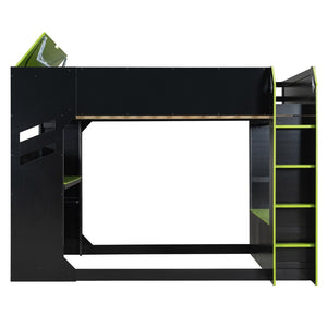 English Elm Full Size Loft Bed with Rgb Lighting Desk Drawers Hanging Rod Teen Bedroom Green LT000288AAF-1