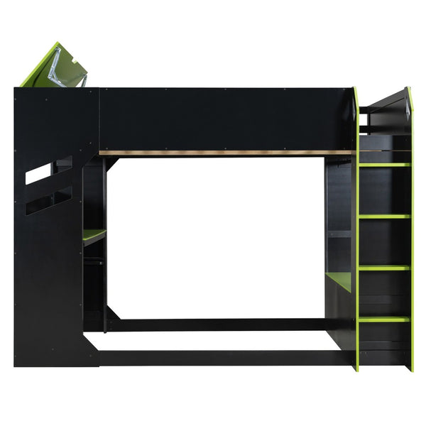 English Elm Full Size Loft Bed with Rgb Lighting Desk Drawers Hanging Rod Teen Bedroom Green LT000288AAF-1