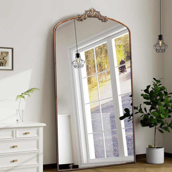 English Elm Full Ornate Arch 36x66 Inch Vintage Baroque Full Length Mirror Antique Bronze Metal Frame Elegance W1435P201153