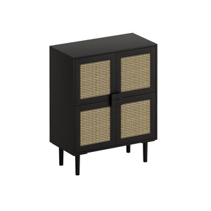 English Elm 4-Doors Rattan Mesh Storage Cabinet with Solid Wood Legs and Adjustable Shelves for Stylish Organization Black W757P198555