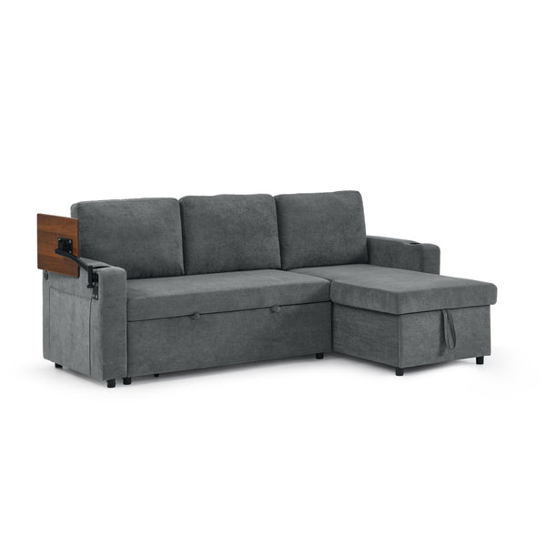 English Elm Modern Chenille Pull-Out Bed Sofa With Table, Led Lights, Usb Ports & Cup Holders - Gray Cozy Comfort W1413S00096