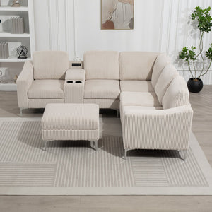 English Elm Upholstered Convertible Modular Corduroy Corner Sectional Sofa with Storage Ottoman, Cupholders, USB Ports and Chaise Beige W3098S00021