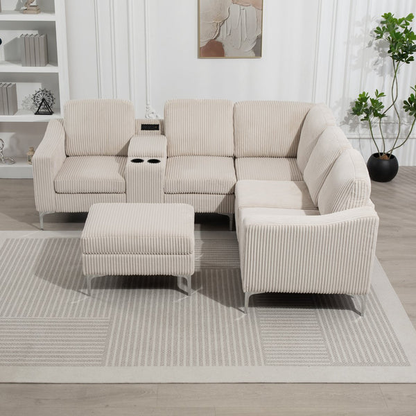 English Elm Upholstered Convertible Modular Corduroy Corner Sectional Sofa with Storage Ottoman, Cupholders, USB Ports and Chaise Beige W3098S00021