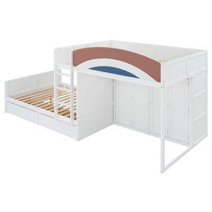 English Elm Full Size Offset Bunk Bed with Wardrobe Hanging Rod Drawers and Upholstered Rail White N820S00081K