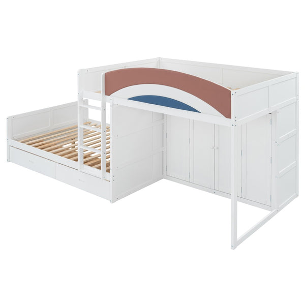 English Elm Full Size Offset Bunk Bed with Wardrobe Hanging Rod Drawers and Upholstered Rail White N820S00081K